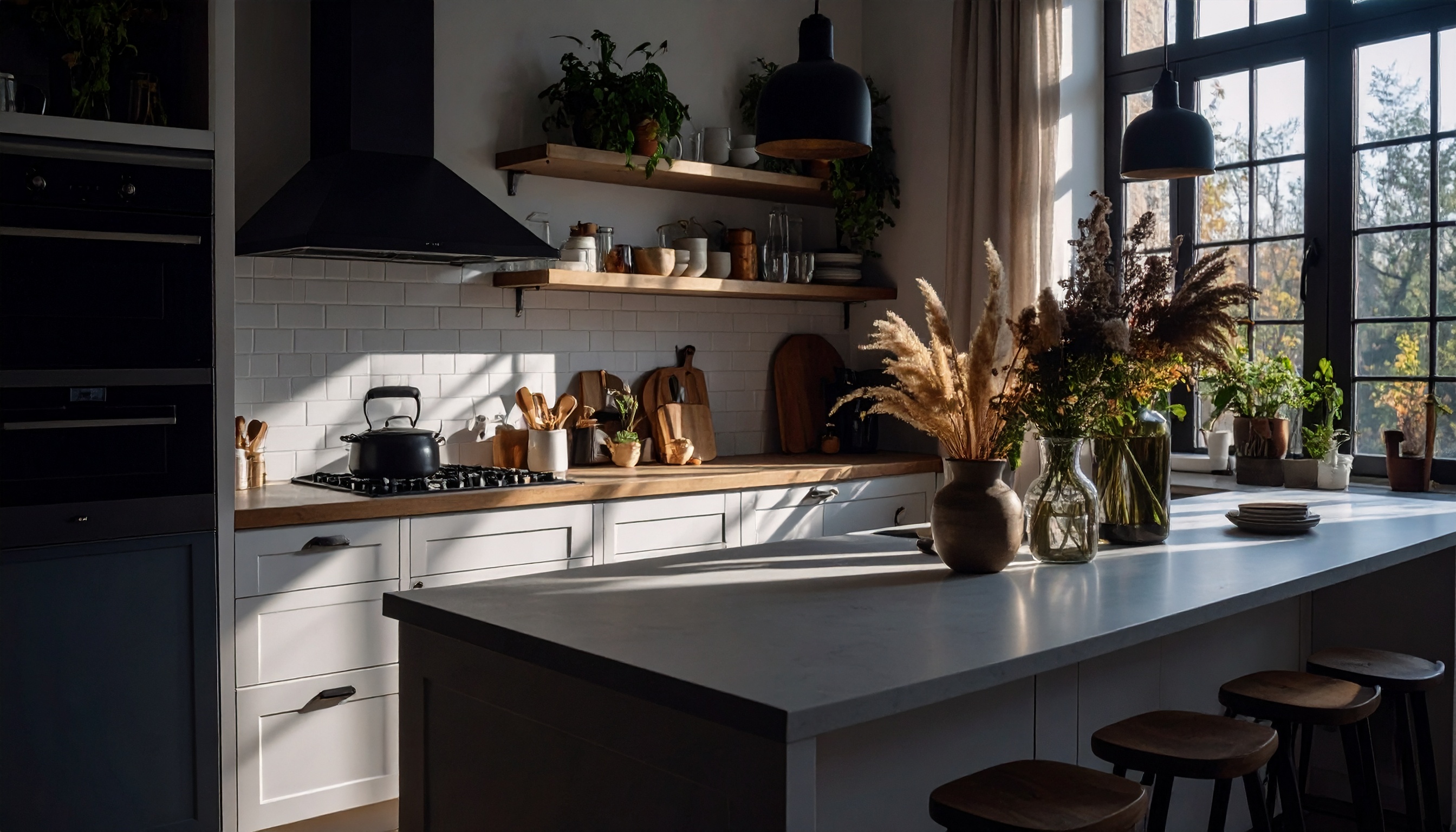 Cozinha moderna e iluminada pelo sol, com design escandinavo. Bancadas de madeira, decoração com plantas e utensílios minimalistas transmitem um ambiente acolhedor e elegante.
